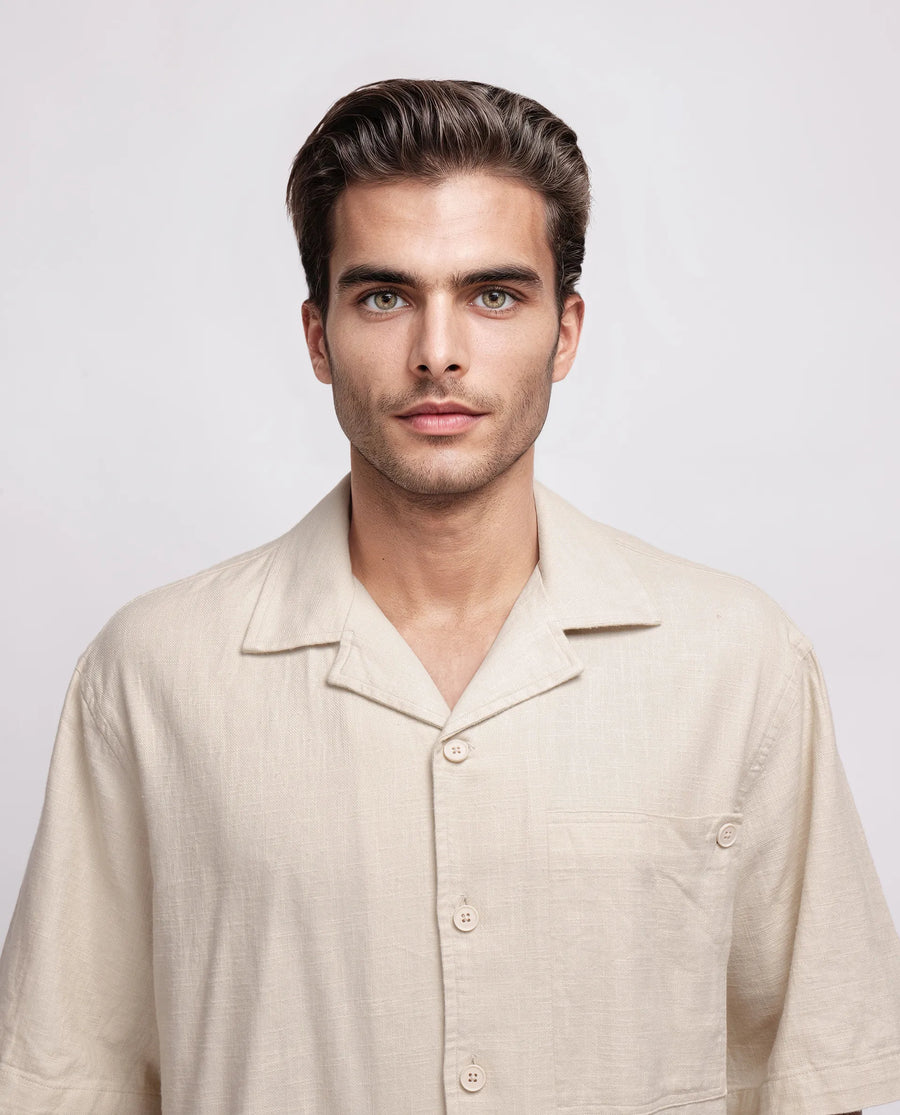 Rare Rabbit Men's Koba Beige Viscose Plain Boxy Fit Half Sleeve Cuban Collar Shirt