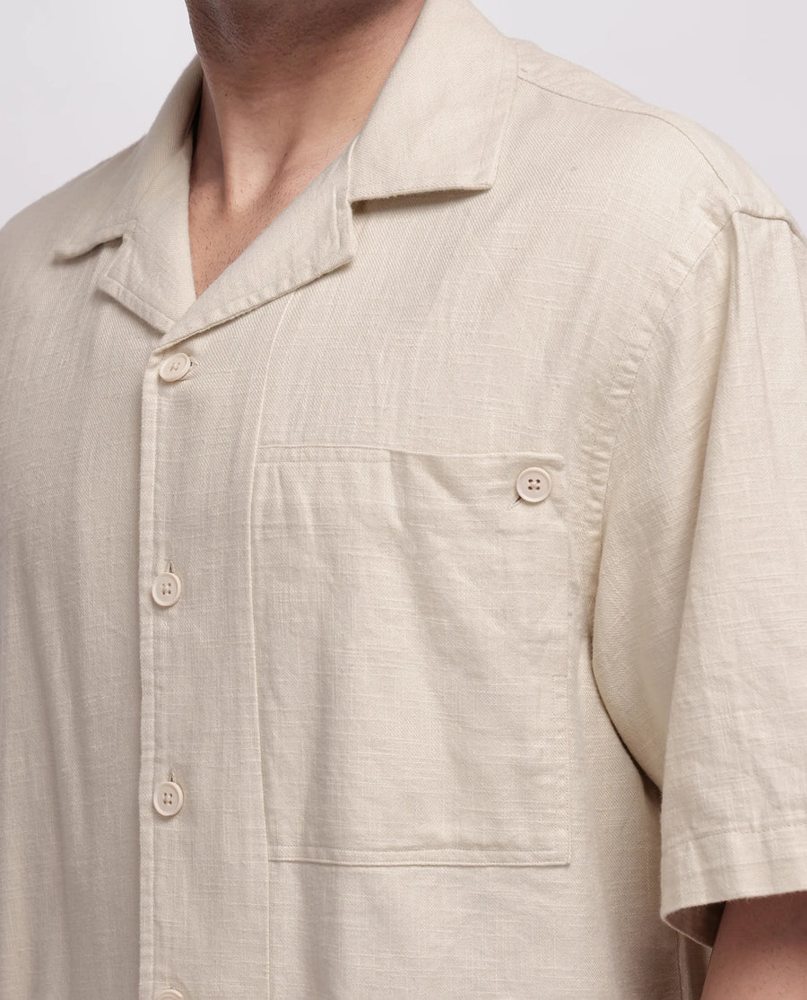 Rare Rabbit Men's Koba Beige Viscose Plain Boxy Fit Half Sleeve Cuban Collar Shirt