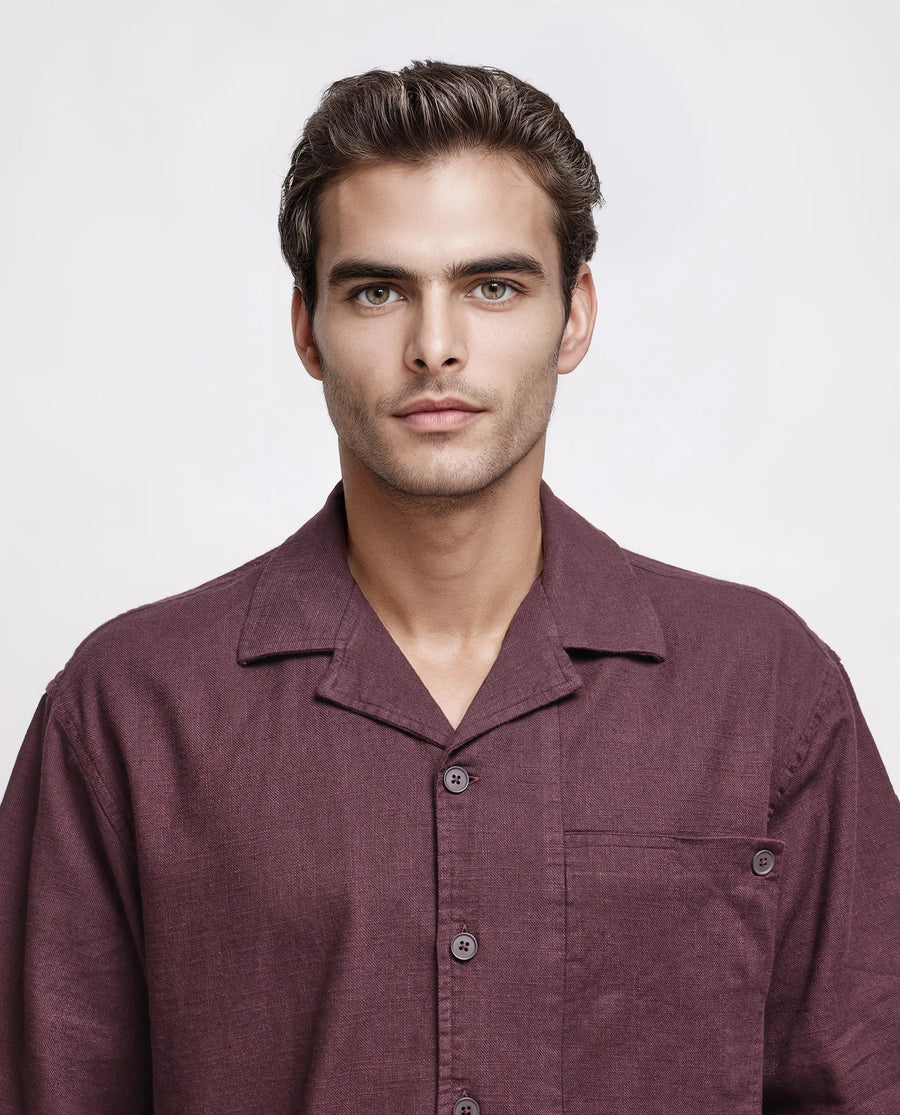 Rare Rabbit Men's Koba Dark Brown Cotton Plain Boxy Fit Half Sleeve Cuban Collar Shirt