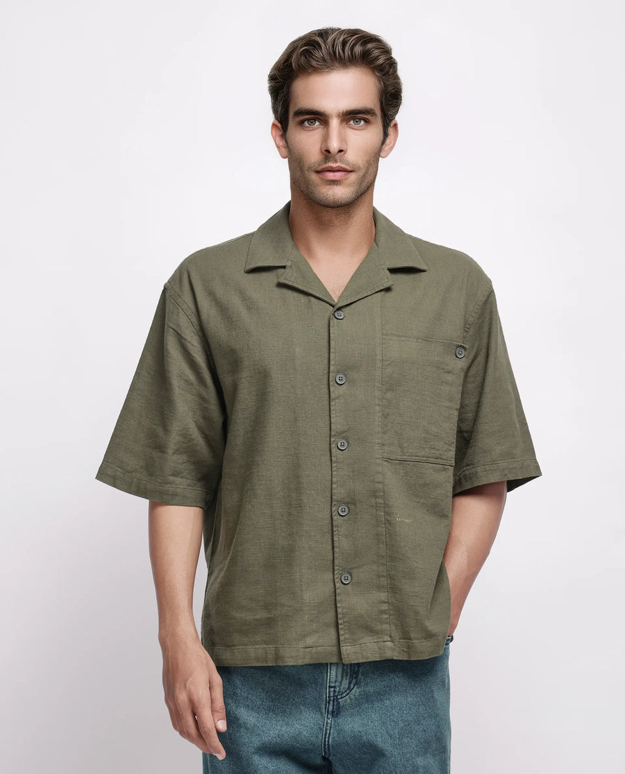 Rare Rabbit Men's Koba Olive Viscose Plain Boxy Fit Half Sleeve Cuban Collar Shirt
