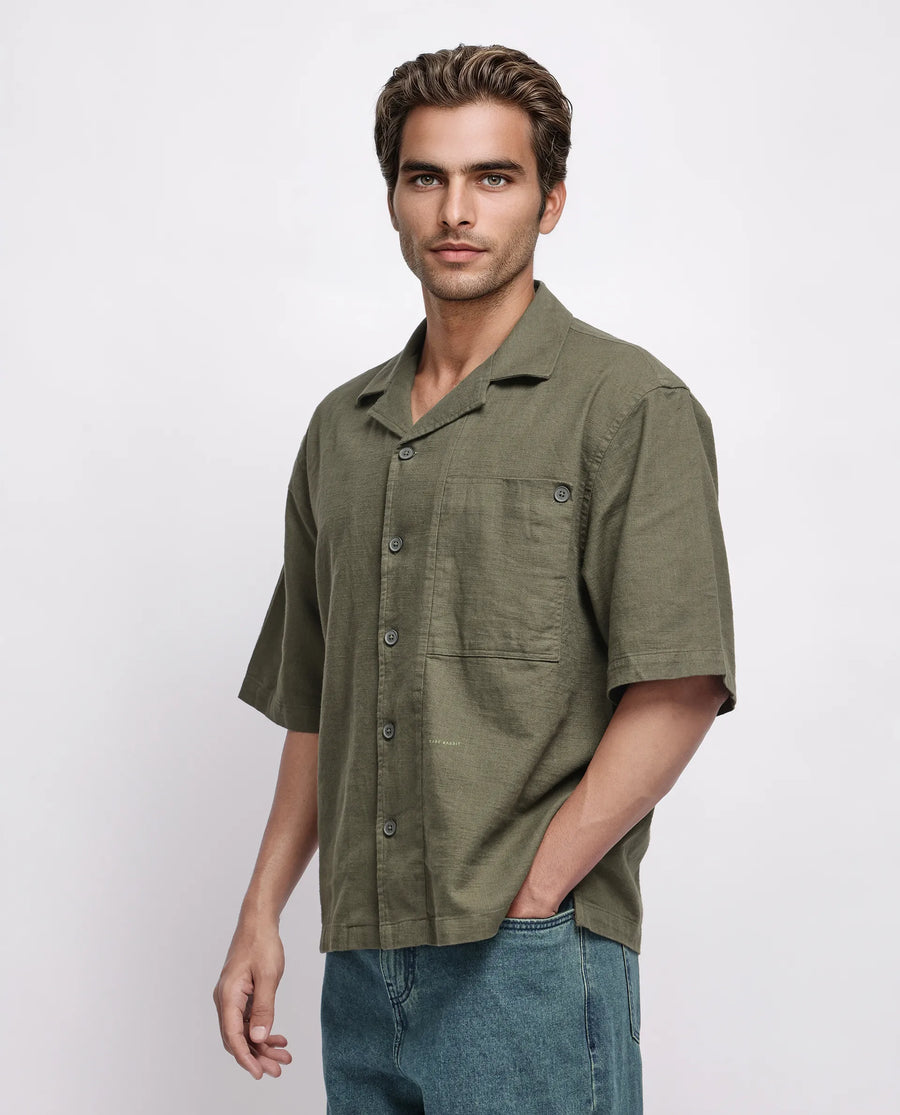 Rare Rabbit Men's Koba Olive Viscose Plain Boxy Fit Half Sleeve Cuban Collar Shirt