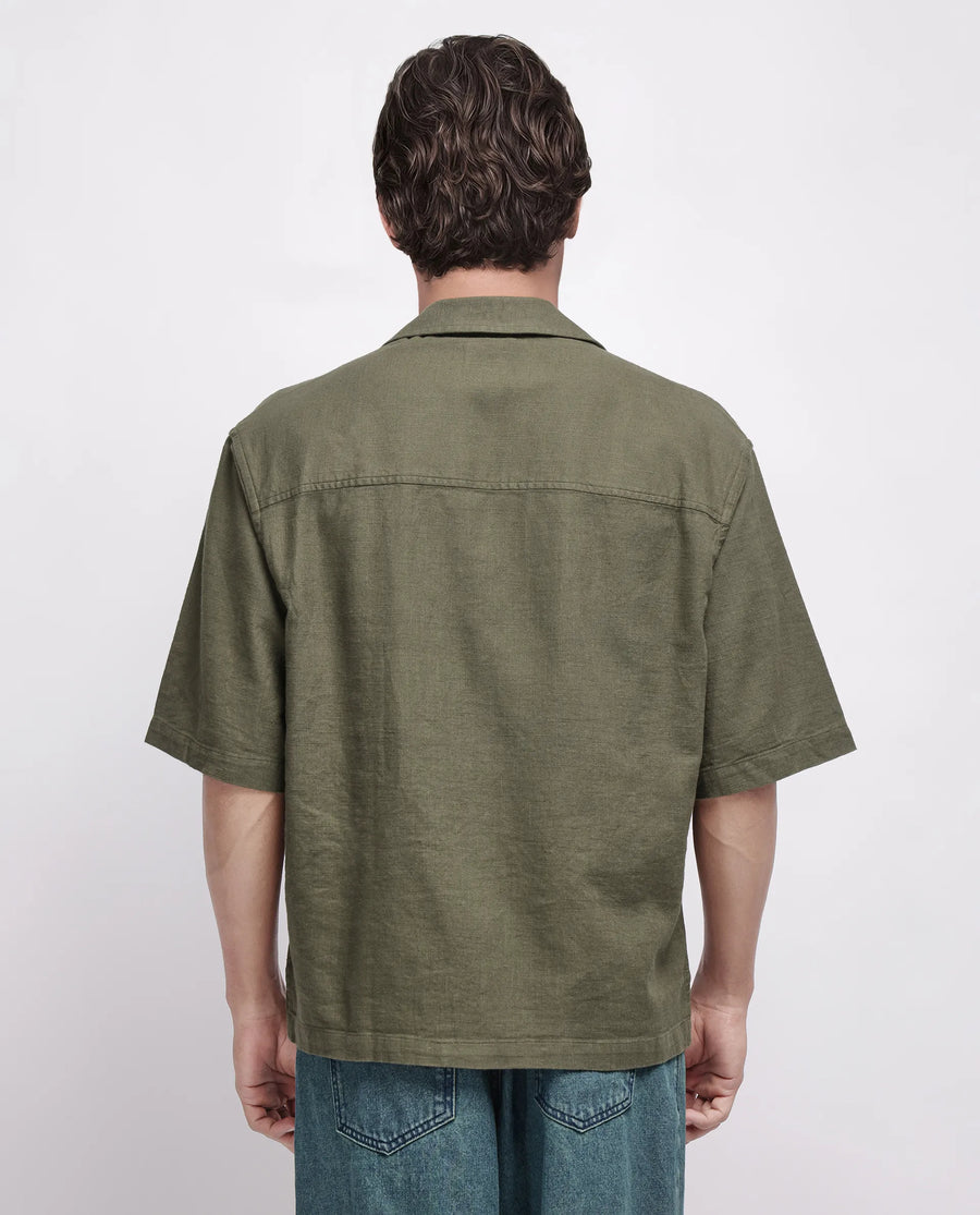 Rare Rabbit Men's Koba Olive Viscose Plain Boxy Fit Half Sleeve Cuban Collar Shirt