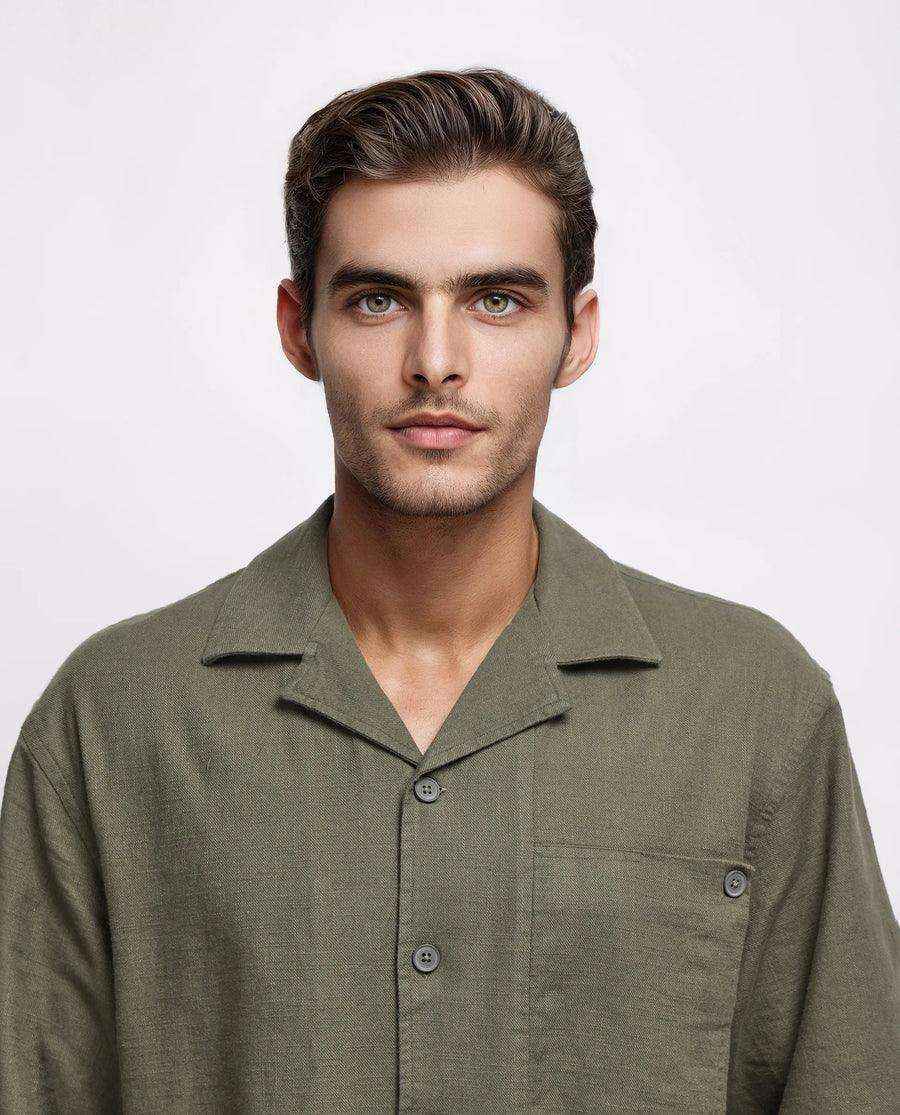 Rare Rabbit Men's Koba Olive Viscose Plain Boxy Fit Half Sleeve Cuban Collar Shirt