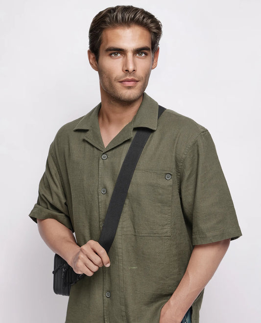 Rare Rabbit Men's Koba Olive Viscose Plain Boxy Fit Half Sleeve Cuban Collar Shirt