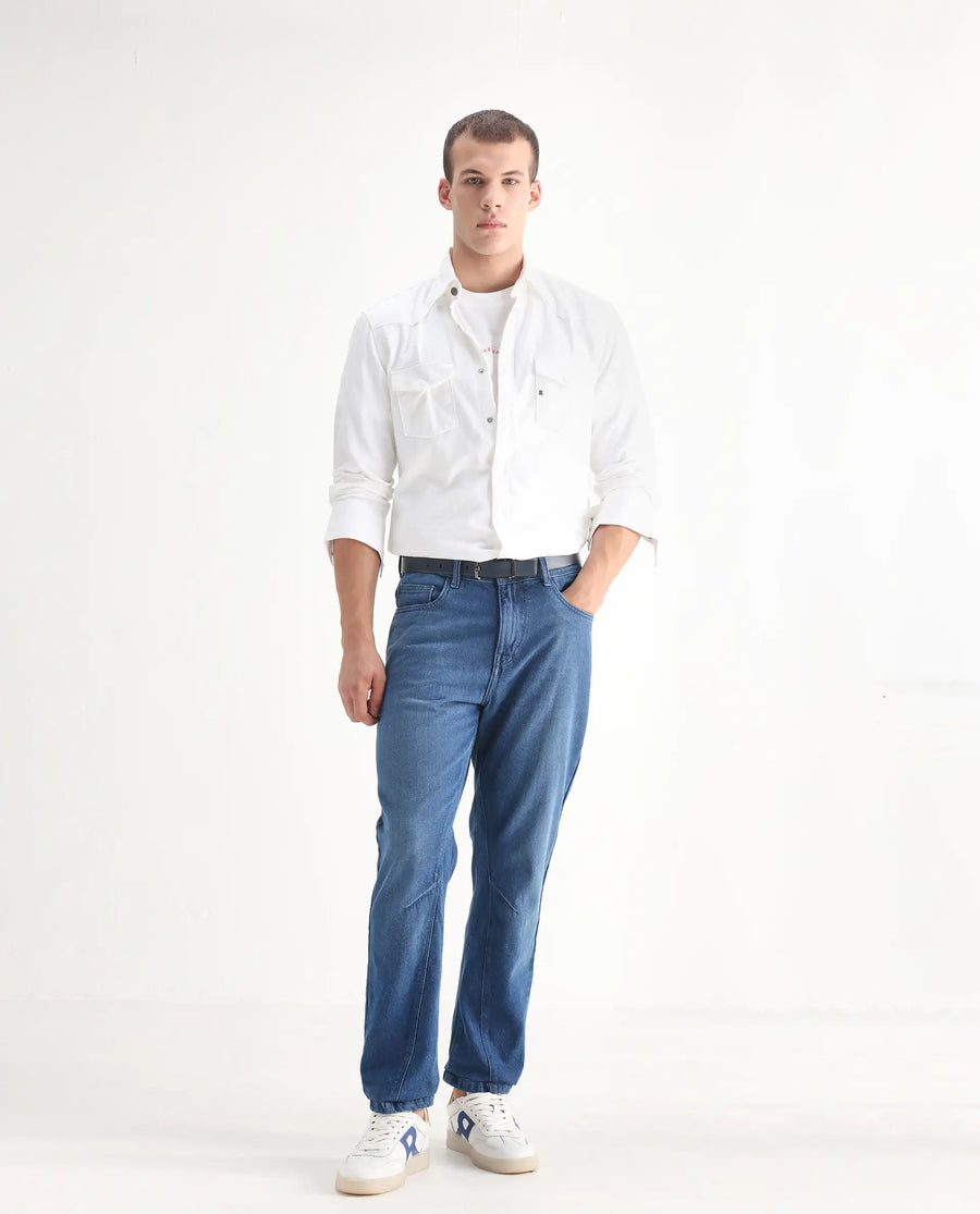 Rare Rabbit Men's Kobet Blue Cotton Plain Morris Regular Fit Jeans