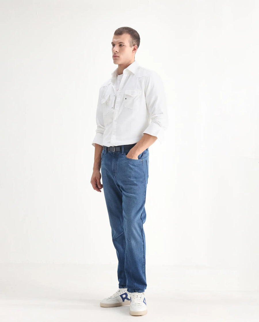 Rare Rabbit Men's Kobet Blue Cotton Plain Morris Regular Fit Jeans