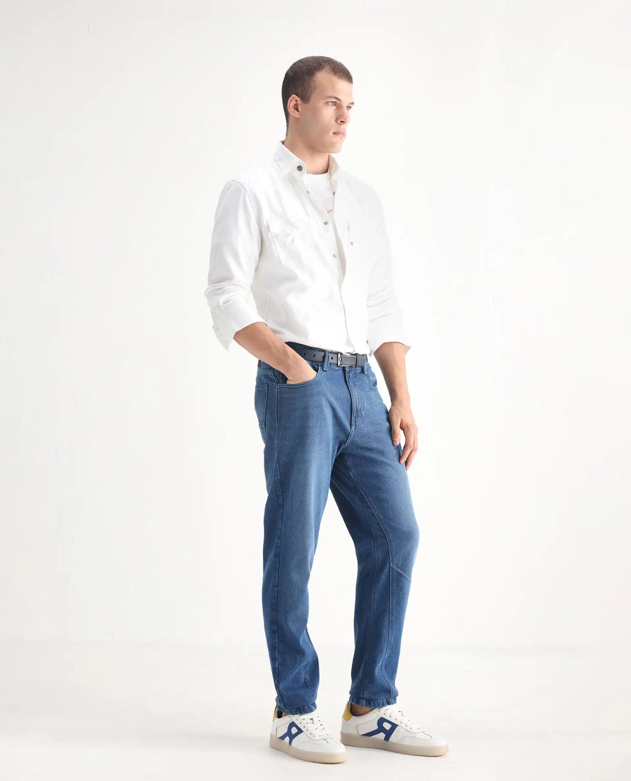 Rare Rabbit Men's Kobet Blue Cotton Plain Morris Regular Fit Jeans