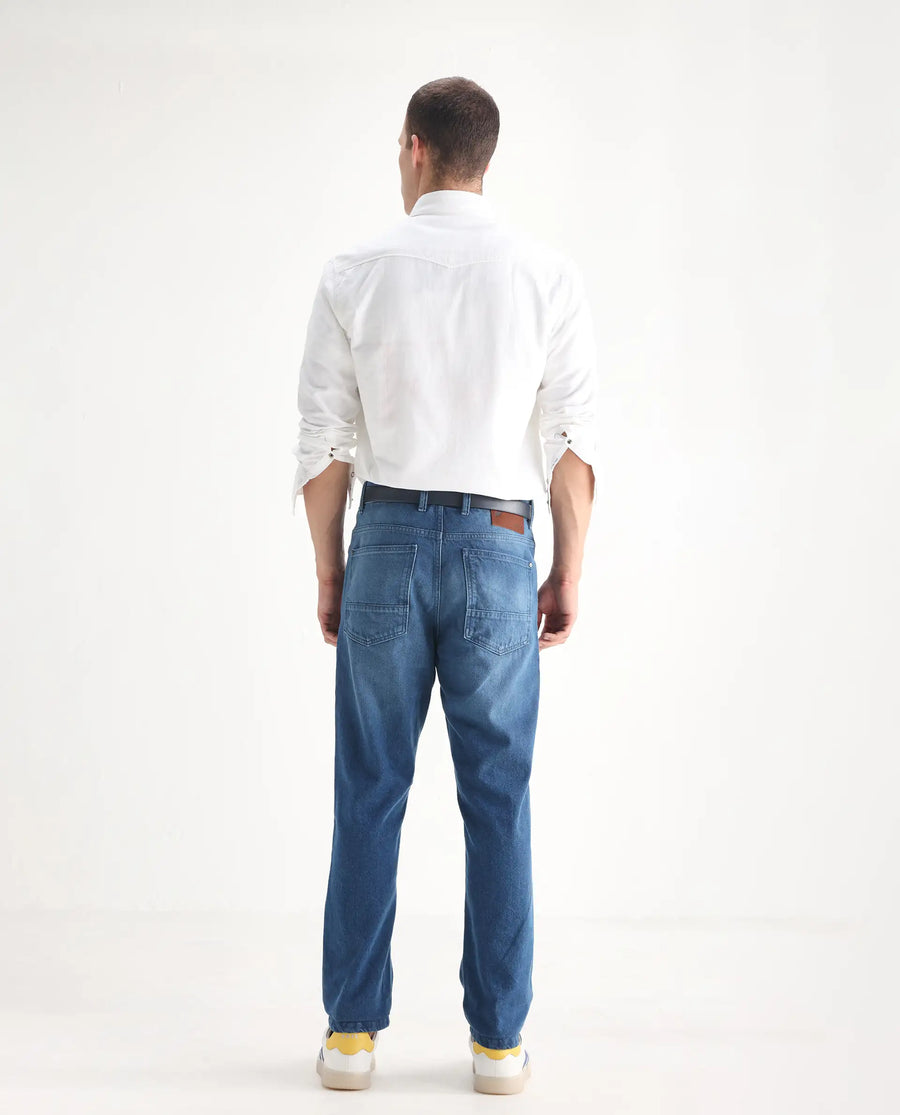 Rare Rabbit Men's Kobet Blue Cotton Plain Morris Regular Fit Jeans