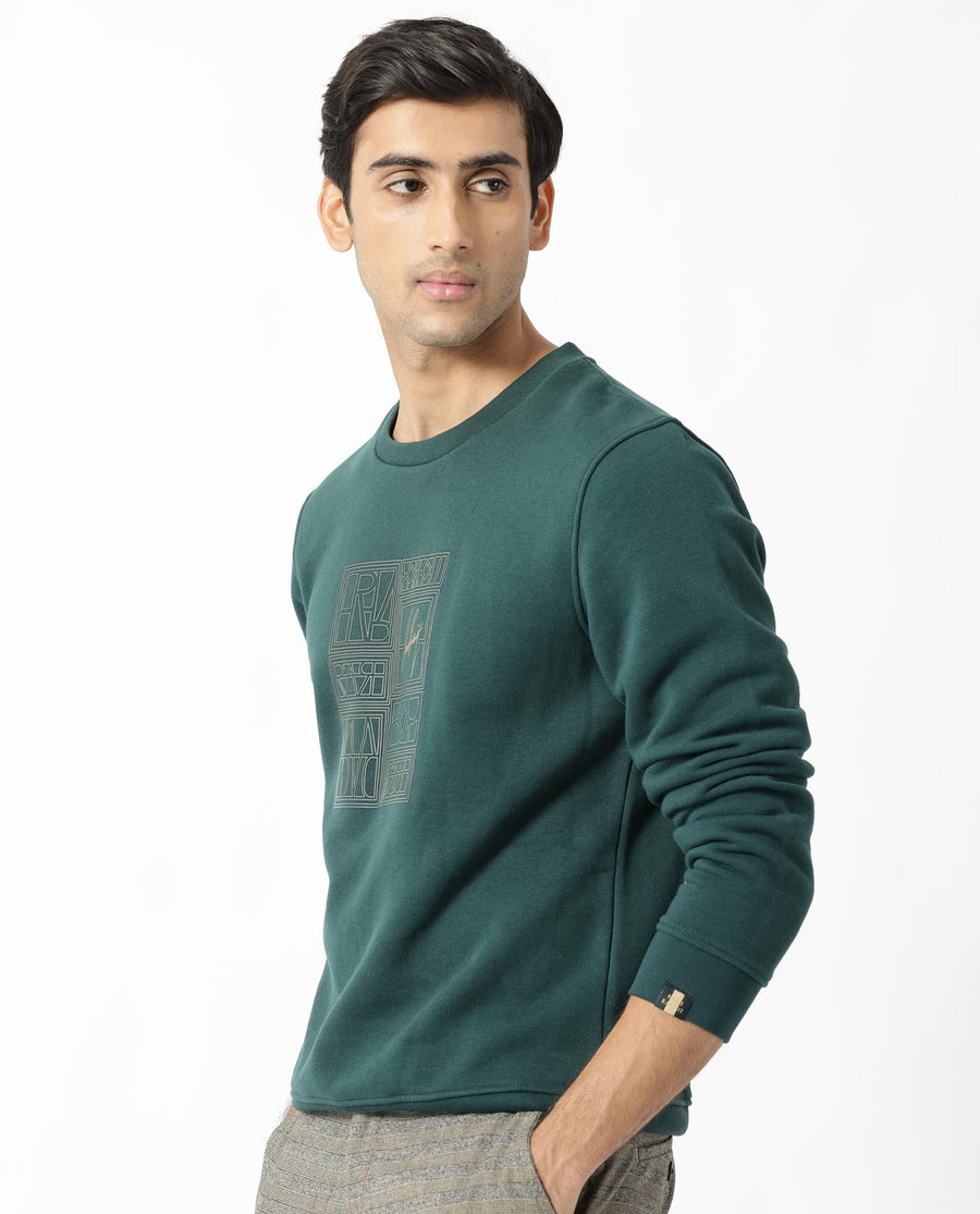 Rare Rabbit Men's Kofu Green Cotton Graphic Print Regular Fit Full Sleeve Crew Neck Sweatshirt