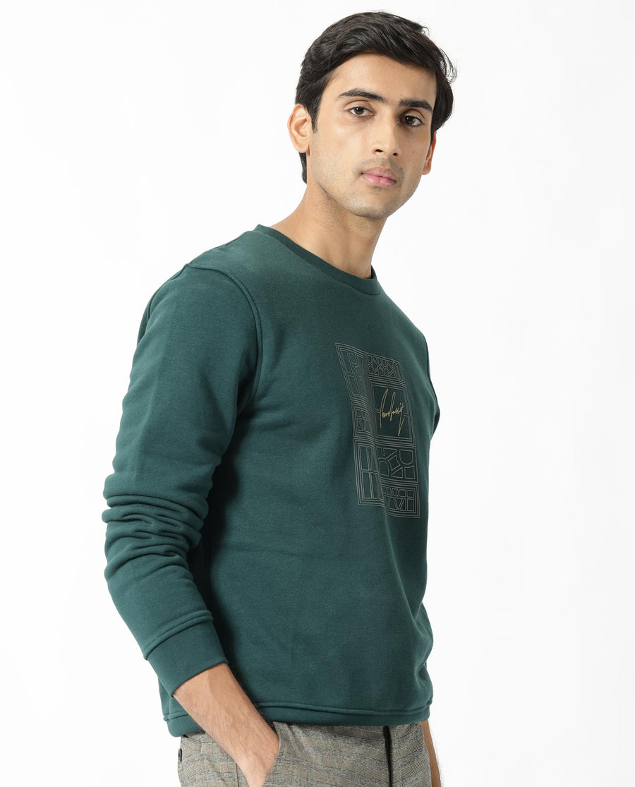 Rare Rabbit Men's Kofu Green Cotton Graphic Print Regular Fit Full Sleeve Crew Neck Sweatshirt
