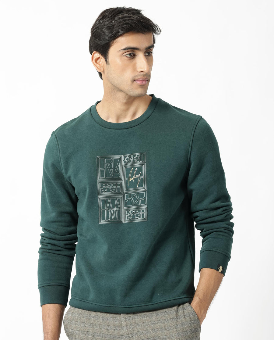Rare Rabbit Men's Kofu Green Cotton Graphic Print Regular Fit Full Sleeve Crew Neck Sweatshirt