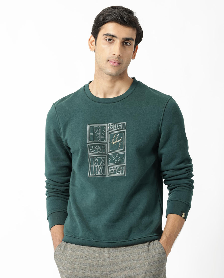 Rare Rabbit Men's Kofu Green Cotton Graphic Print Regular Fit Full Sleeve Crew Neck Sweatshirt