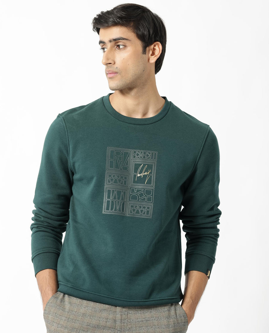 Rare Rabbit Men's Kofu Green Cotton Graphic Print Regular Fit Full Sleeve Crew Neck Sweatshirt
