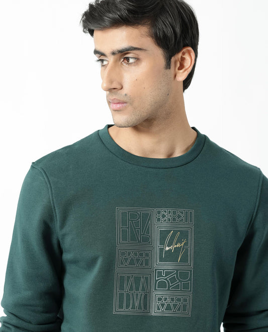 Rare Rabbit Men's Kofu Green Cotton Graphic Print Regular Fit Full Sleeve Crew Neck Sweatshirt