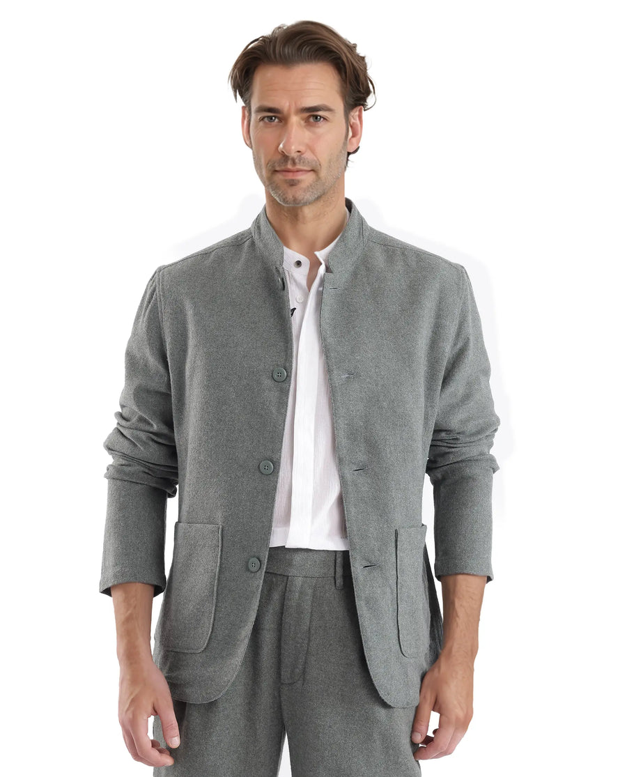 Rare Rabbit Men's Kolo Dark Green Polyester Blend Plain Regular Fit Full Sleeve Mandarin Collar Shacket