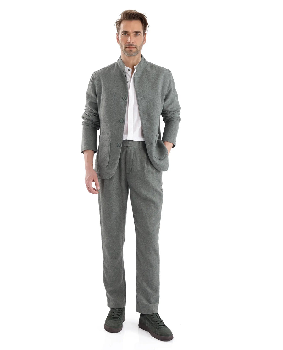 Rare Rabbit Men's Kolo Dark Green Polyester Blend Plain Regular Fit Full Sleeve Mandarin Collar Shacket