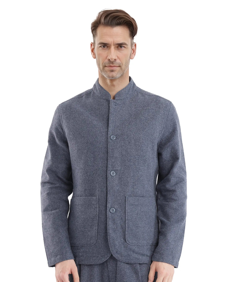 Rare Rabbit Men's Kolo Navy Polyester Blend Plain Regular Fit Full Sleeve Mandarin Collar Shacket