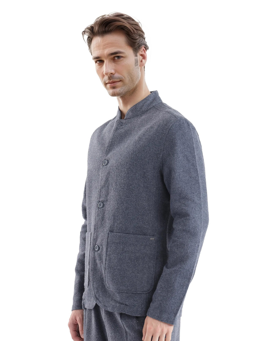 Rare Rabbit Men's Kolo Navy Polyester Blend Plain Regular Fit Full Sleeve Mandarin Collar Shacket