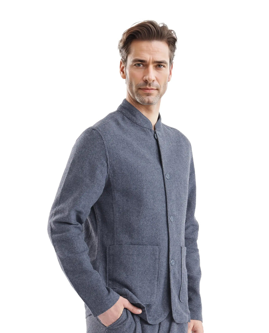 Rare Rabbit Men's Kolo Navy Polyester Blend Plain Regular Fit Full Sleeve Mandarin Collar Shacket