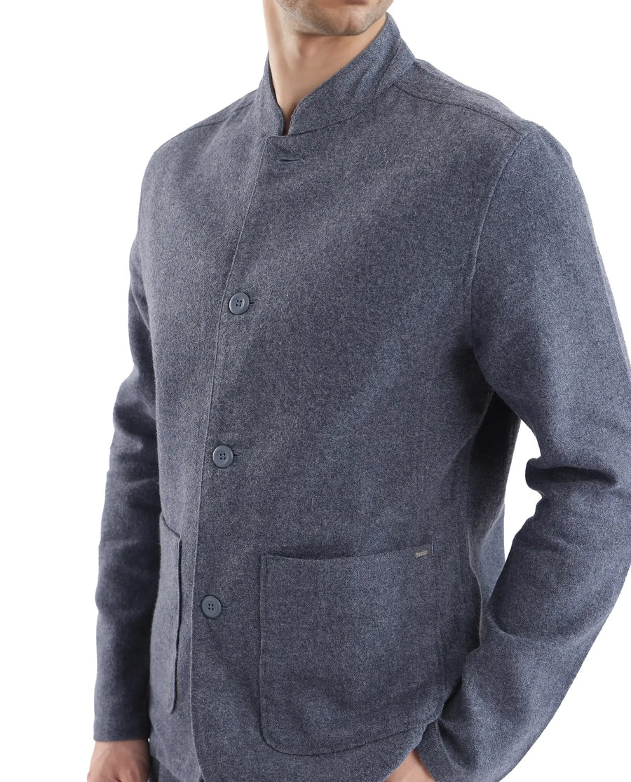Rare Rabbit Men's Kolo Navy Polyester Blend Plain Regular Fit Full Sleeve Mandarin Collar Shacket