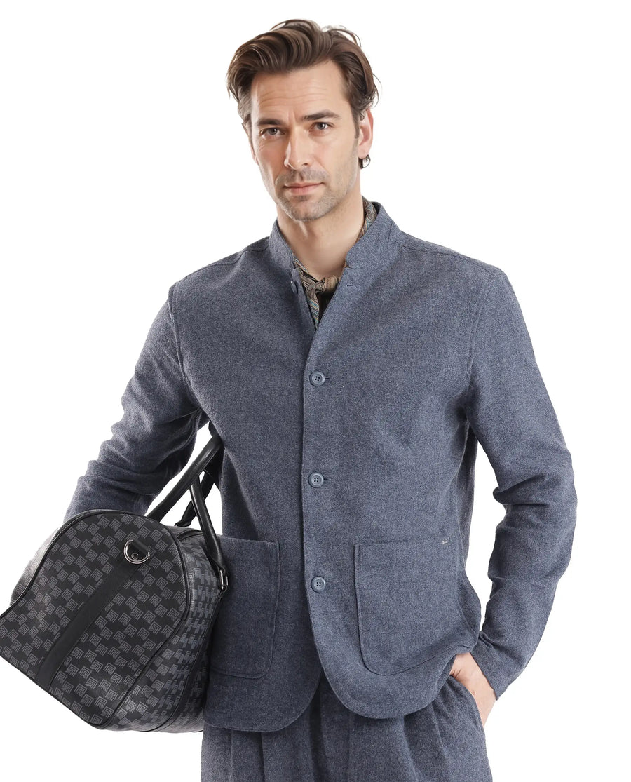 Rare Rabbit Men's Kolo Navy Polyester Blend Plain Regular Fit Full Sleeve Mandarin Collar Shacket