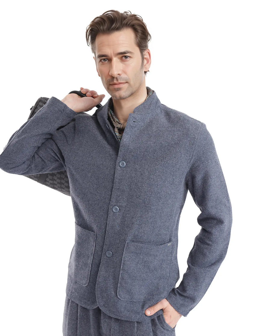 Rare Rabbit Men's Kolo Navy Polyester Blend Plain Regular Fit Full Sleeve Mandarin Collar Shacket