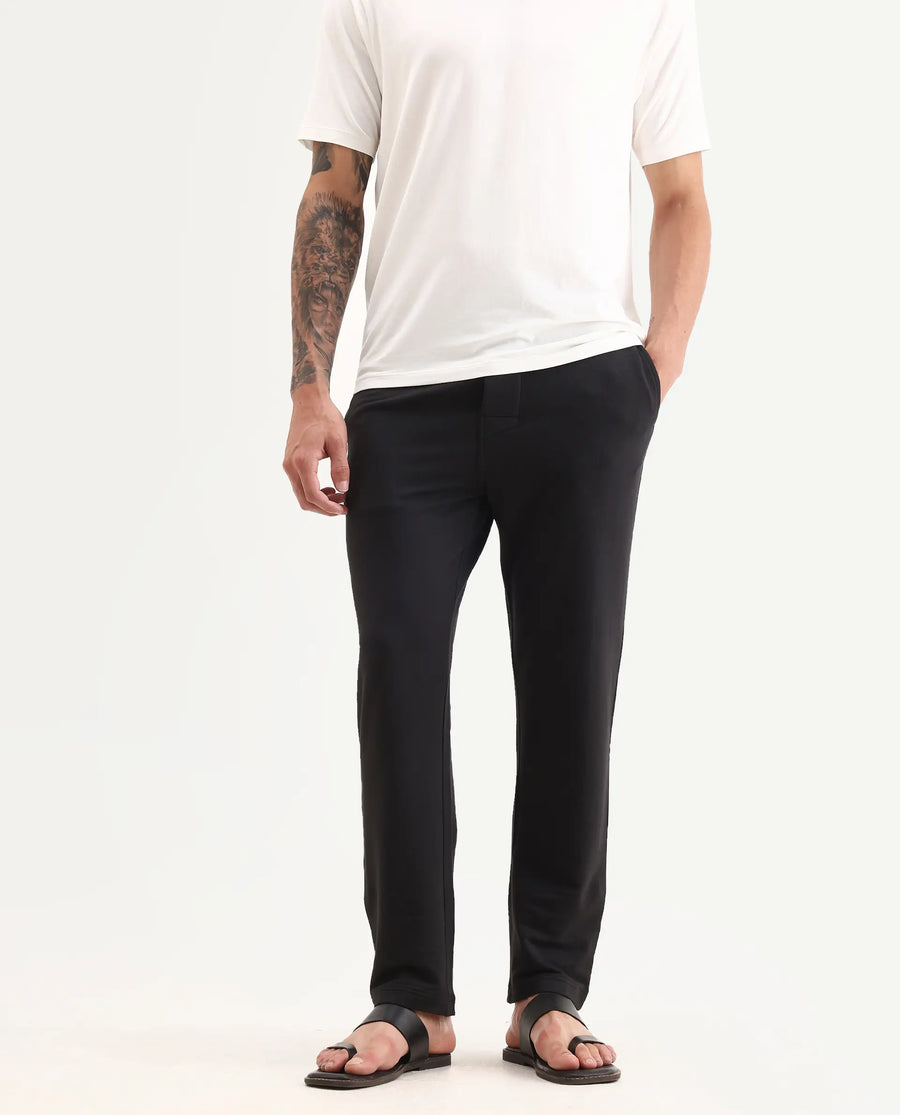 Rare Rabbit Men's Koney Black Cotton Modal Spandex Fabric Regular Fit Plain Pajama