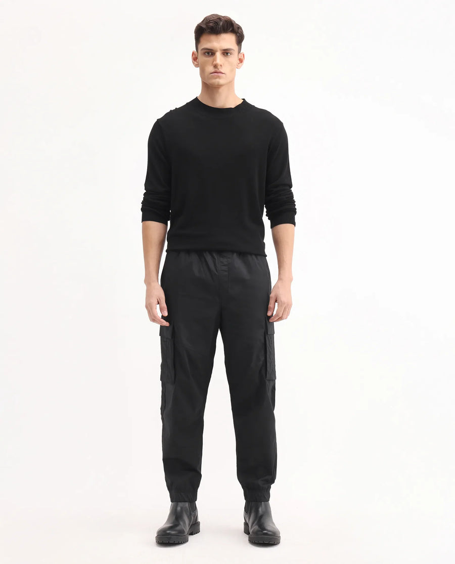 Rare Rabbit Men's Korb Black Cotton Blend Plain Relaxed Fit Trouser