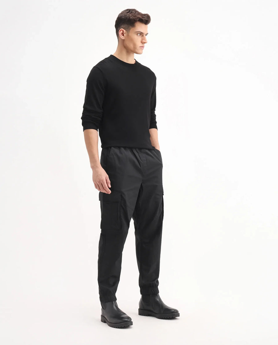 Rare Rabbit Men's Korb Black Cotton Blend Plain Relaxed Fit Trouser