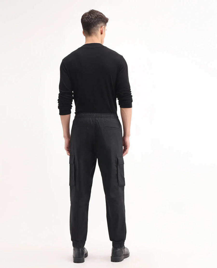Rare Rabbit Men's Korb Black Cotton Blend Plain Relaxed Fit Trouser