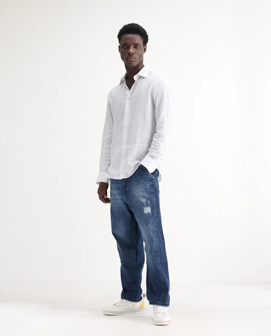 Rare Rabbit Men's Korb Blue Cotton Blend Plain Baggy Fit Jeans
