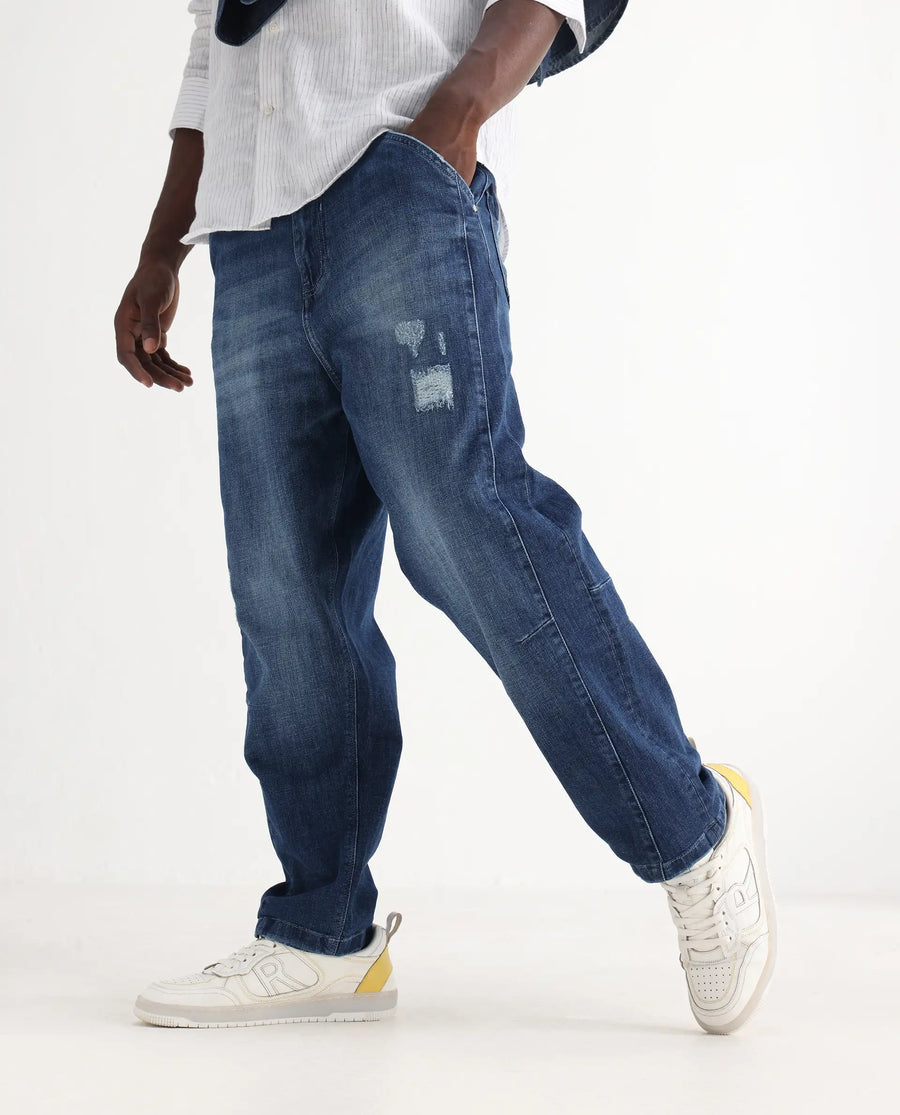 Rare Rabbit Men's Korb Blue Cotton Blend Plain Baggy Fit Jeans