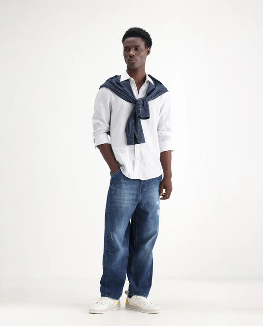Rare Rabbit Men's Korb Blue Cotton Blend Plain Baggy Fit Jeans