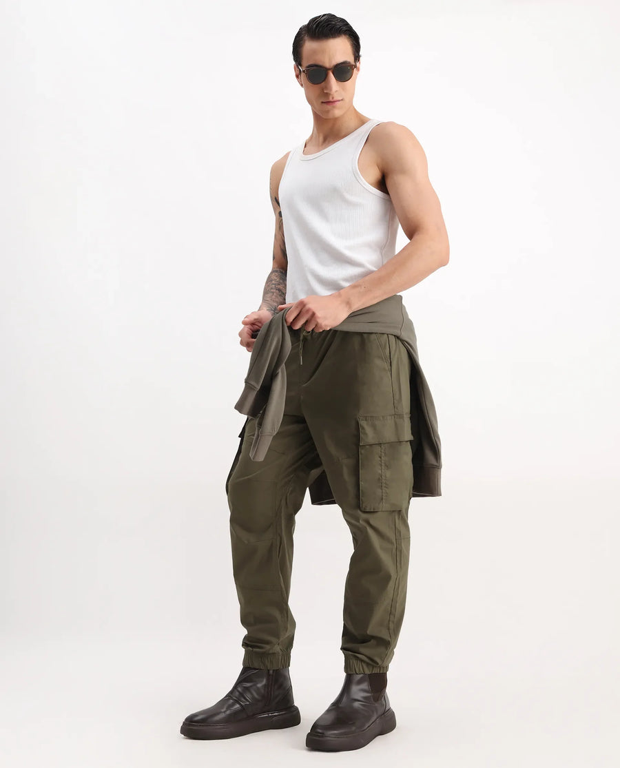Rare Rabbit Men's Korb Light Olive Cotton Blend Plain Relaxed Fit Trouser