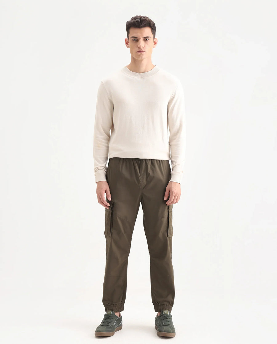 Rare Rabbit Men's Korb Olive Cotton Blend Plain Relaxed Fit Trouser