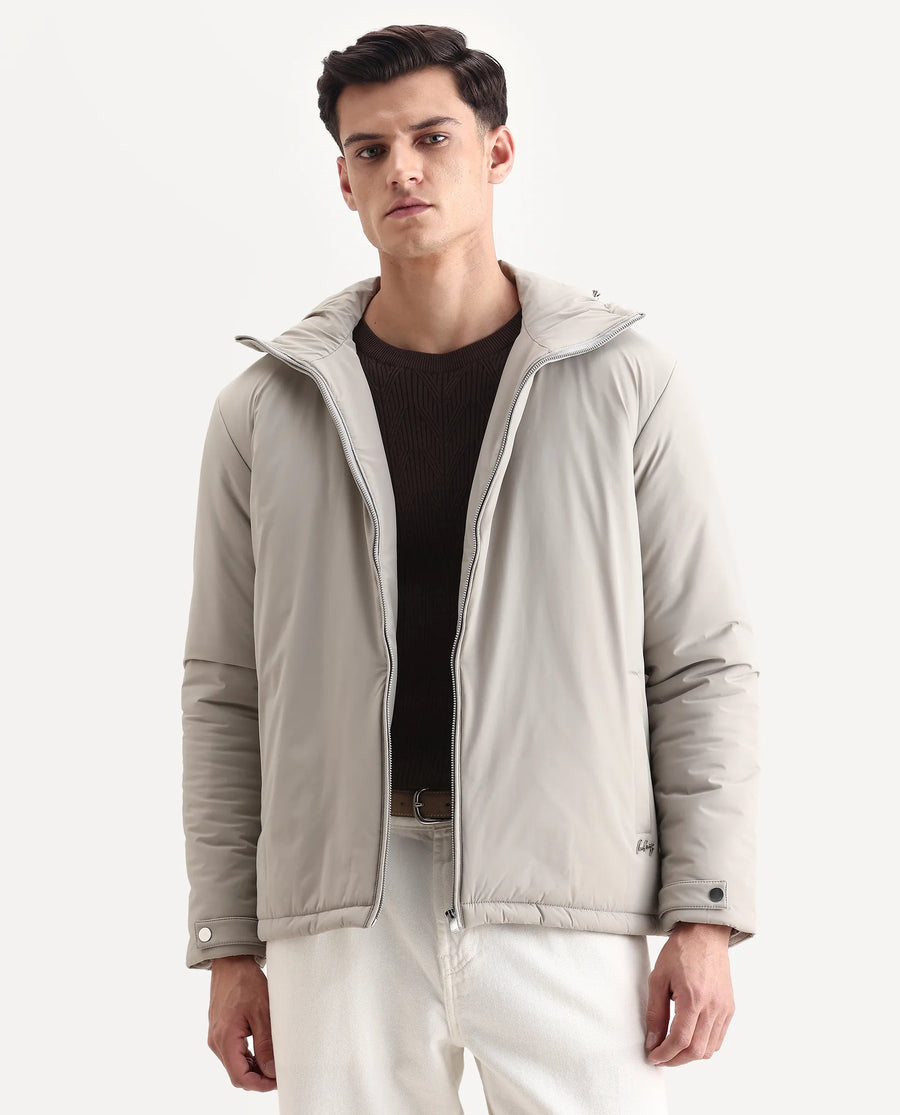 Rare Rabbit Men's Kost Light Grey Nylon Fabric High Neck Relaxed Plain Jacket