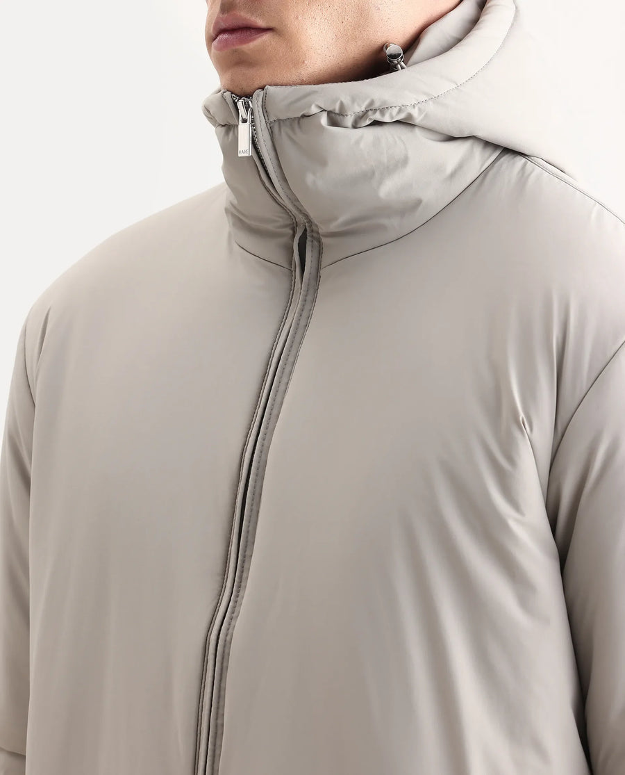 Rare Rabbit Men's Kost Light Grey Nylon Fabric High Neck Relaxed Plain Jacket