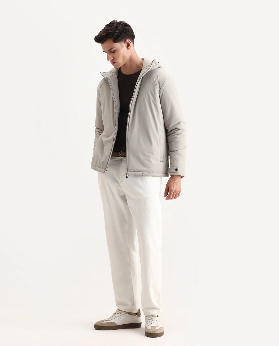 Rare Rabbit Men's Kost Light Grey Nylon Fabric High Neck Relaxed Plain Jacket