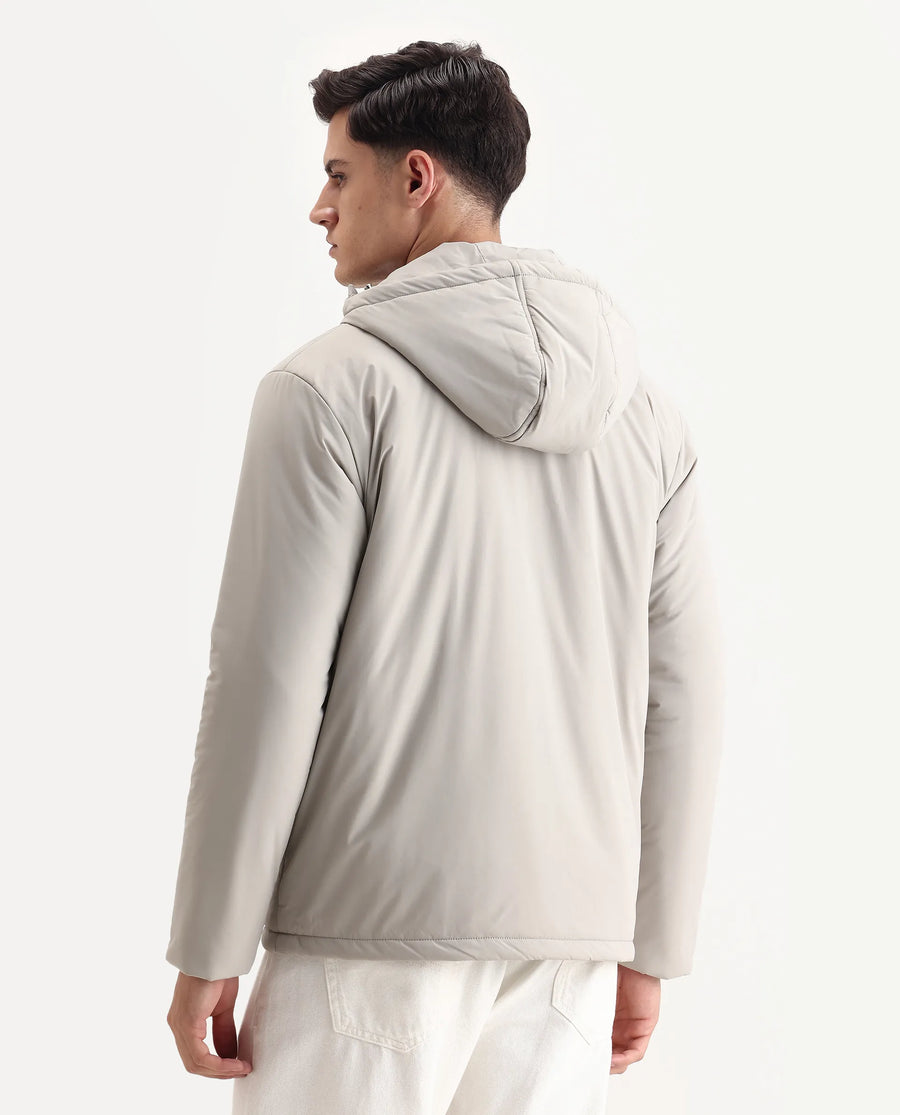 Rare Rabbit Men's Kost Light Grey Nylon Fabric High Neck Relaxed Plain Jacket