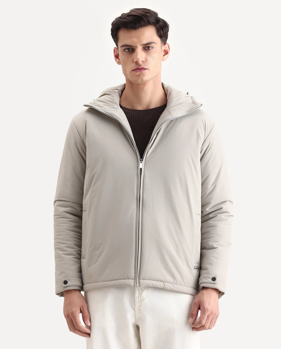 Rare Rabbit Men's Kost Light Grey Nylon Fabric High Neck Relaxed Plain Jacket