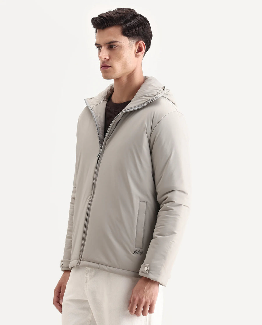 Rare Rabbit Men's Kost Light Grey Nylon Fabric High Neck Relaxed Plain Jacket