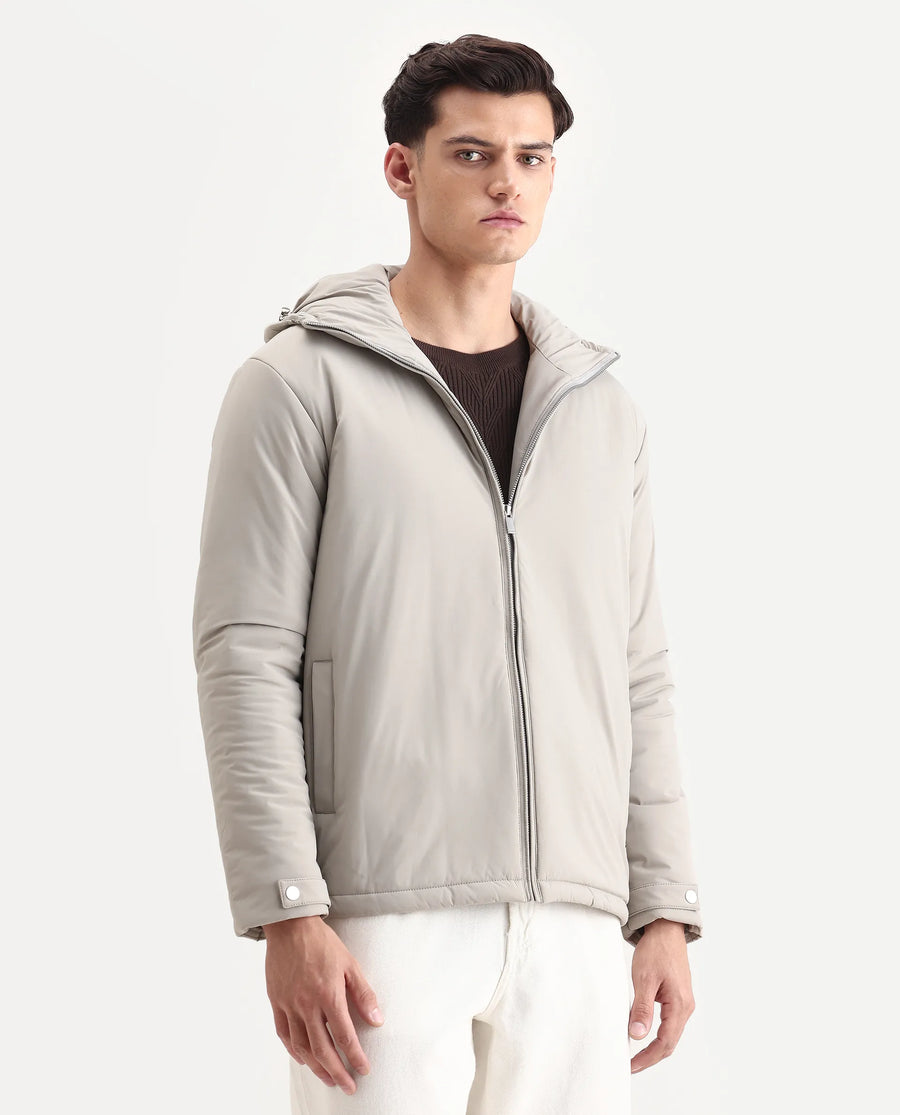 Rare Rabbit Men's Kost Light Grey Nylon Fabric High Neck Relaxed Plain Jacket
