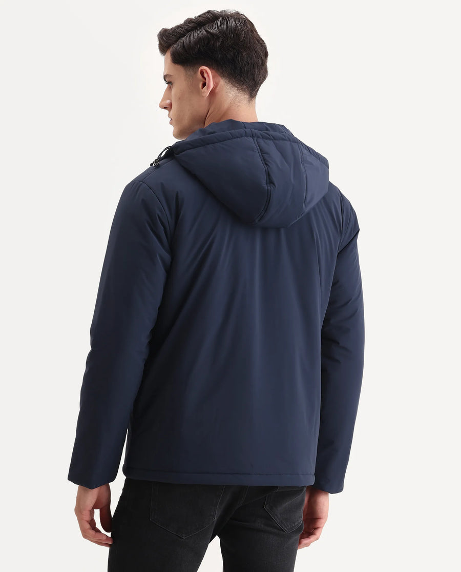 Rare Rabbit Men's Kost Navy Nylon Fabric High Neck Relaxed Fit Plain Jacket