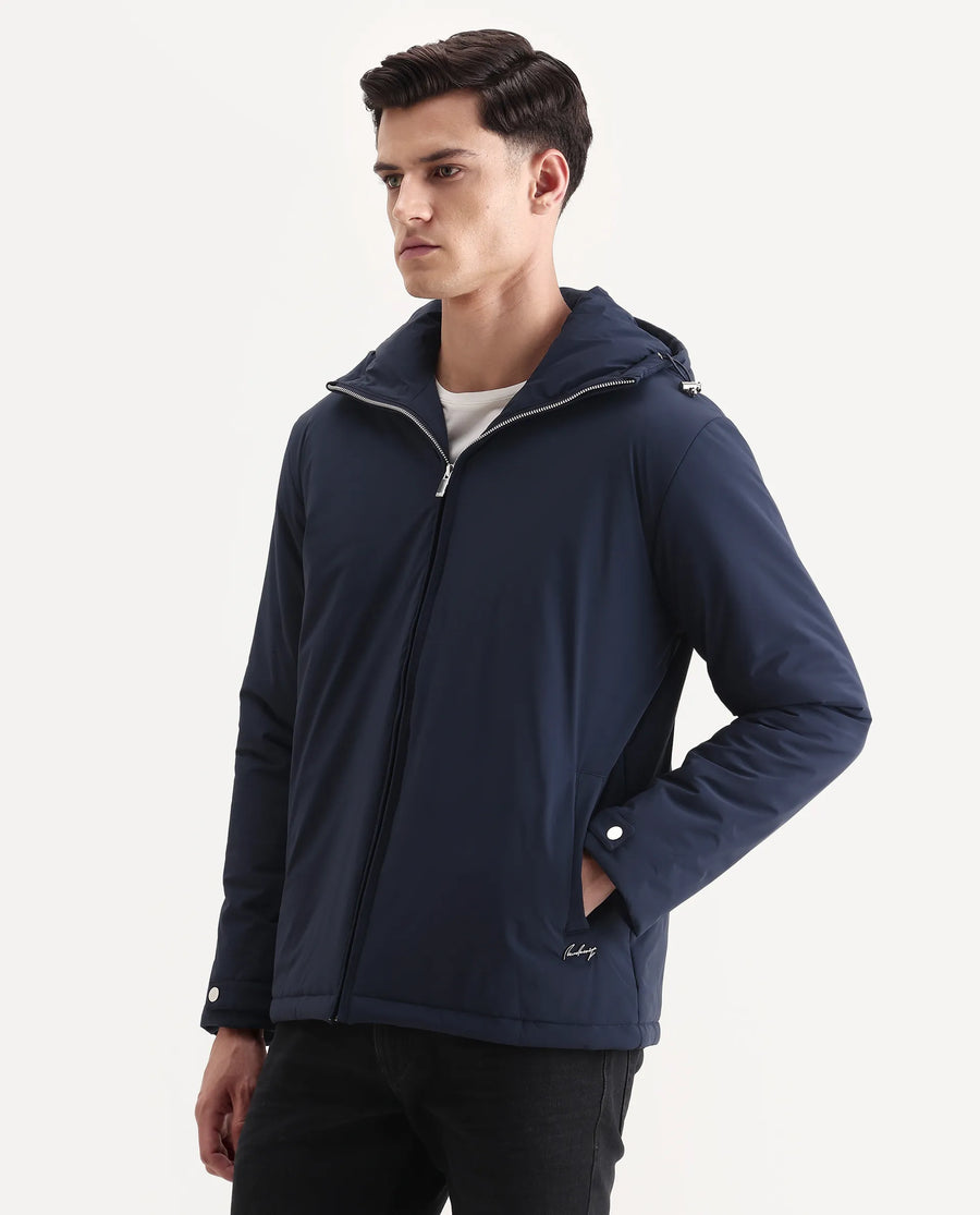 Rare Rabbit Men's Kost Navy Nylon Fabric High Neck Relaxed Fit Plain Jacket