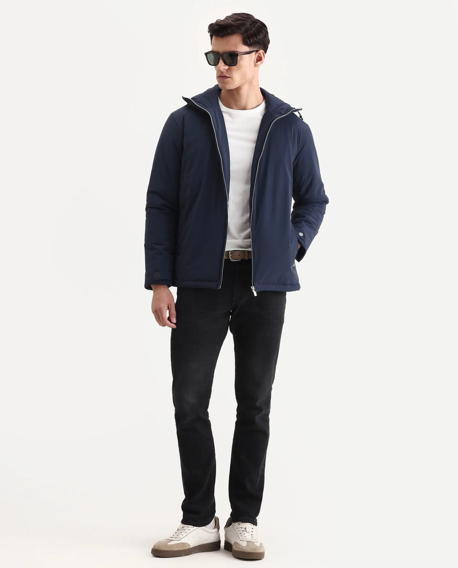 Rare Rabbit Men's Kost Navy Nylon Fabric High Neck Relaxed Fit Plain Jacket