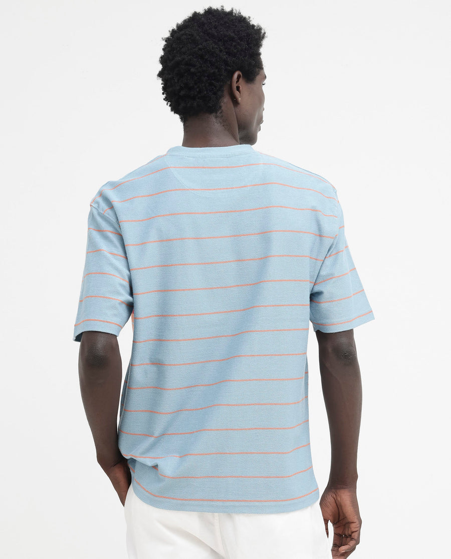 Rare Rabbit Men's Kot Dusky Blue Cotton Striped Print Oversized Fit Half Sleeve Crew Neck T-Shirt