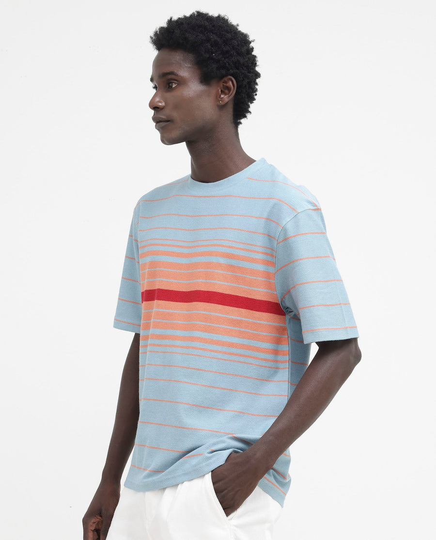 Rare Rabbit Men's Kot Dusky Blue Cotton Striped Print Oversized Fit Half Sleeve Crew Neck T-Shirt