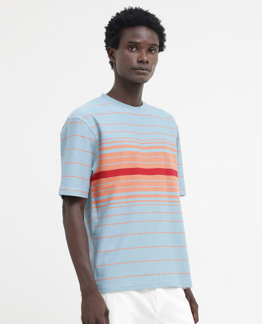 Rare Rabbit Men's Kot Dusky Blue Cotton Striped Print Oversized Fit Half Sleeve Crew Neck T-Shirt