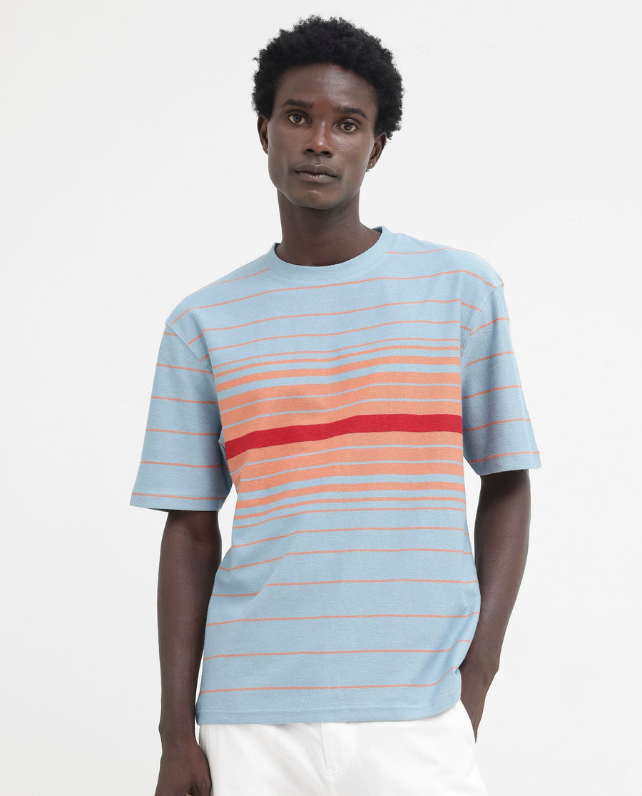 Rare Rabbit Men's Kot Dusky Blue Cotton Striped Print Oversized Fit Half Sleeve Crew Neck T-Shirt