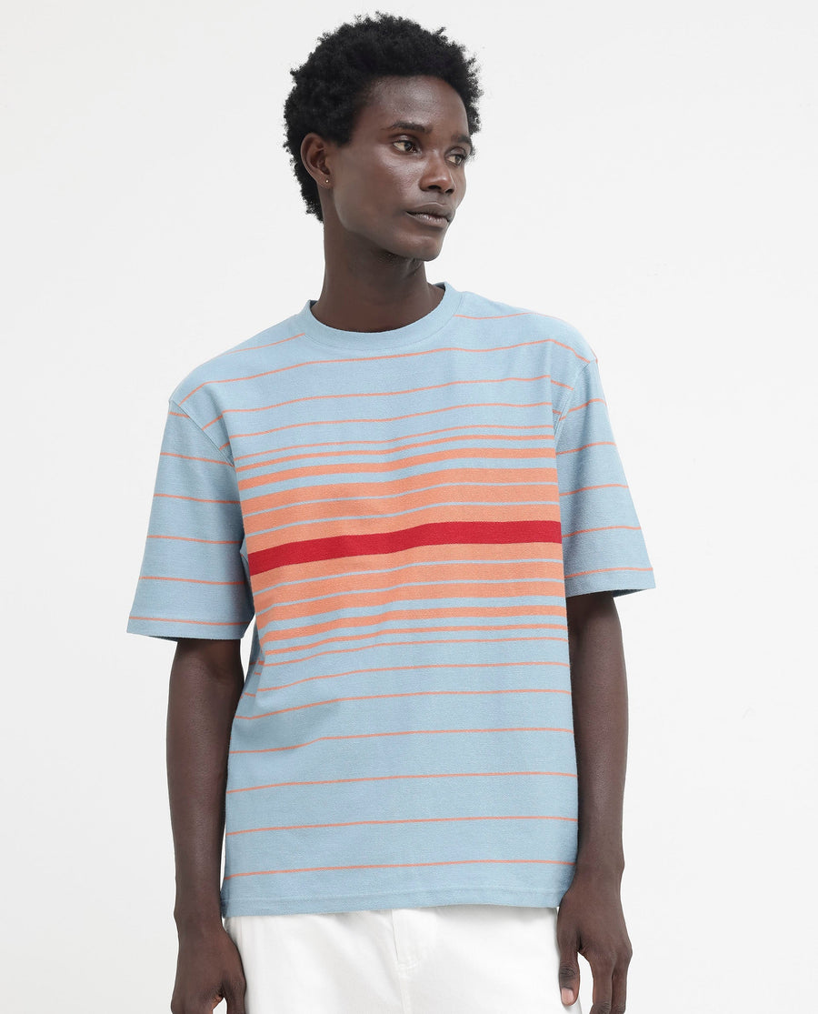 Rare Rabbit Men's Kot Dusky Blue Cotton Striped Print Oversized Fit Half Sleeve Crew Neck T-Shirt